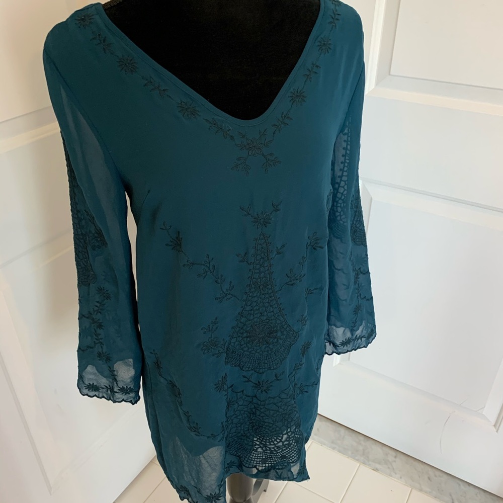 Dark teal embroidered sheer dress with underlay